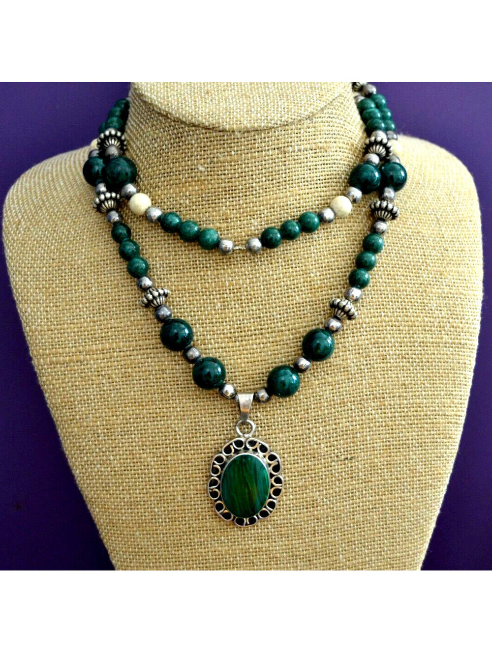 Vintage Mexico 925 Sterling Silver Malachite Beaded Pendant Necklace 28"